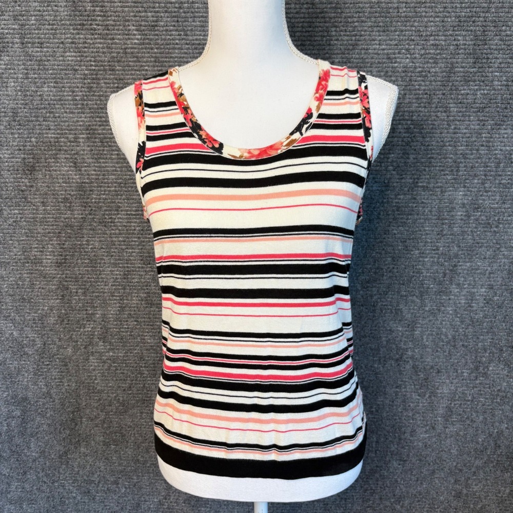 Talbots Striped Floral Trim Sweater Tank Top Womens Small Cotton Blend